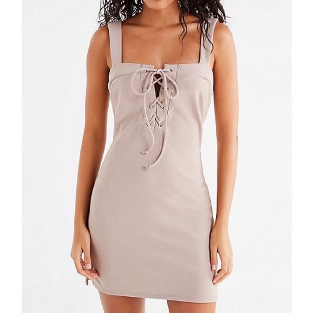 Urban Outfitters Straight Neck Taupe Lace-up Bodycon Sleeveless Dress, XL